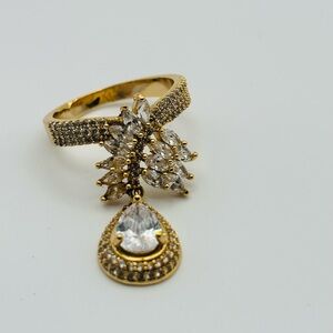 Gold Tone Statement Ring with Articulated Teardrop | Size 8 | CZ Cocktail Ring